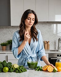 Photo of a woman preparing green juice for her cleansing detox.