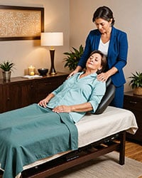 Photo of a woman reclining on a massage table to receive Reiki treatment.