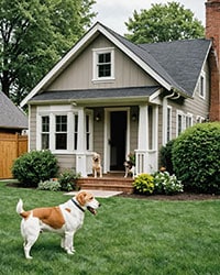 Photo of two dogs in front of a home