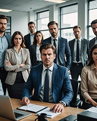 Photo of stressed out workers at a corporate office